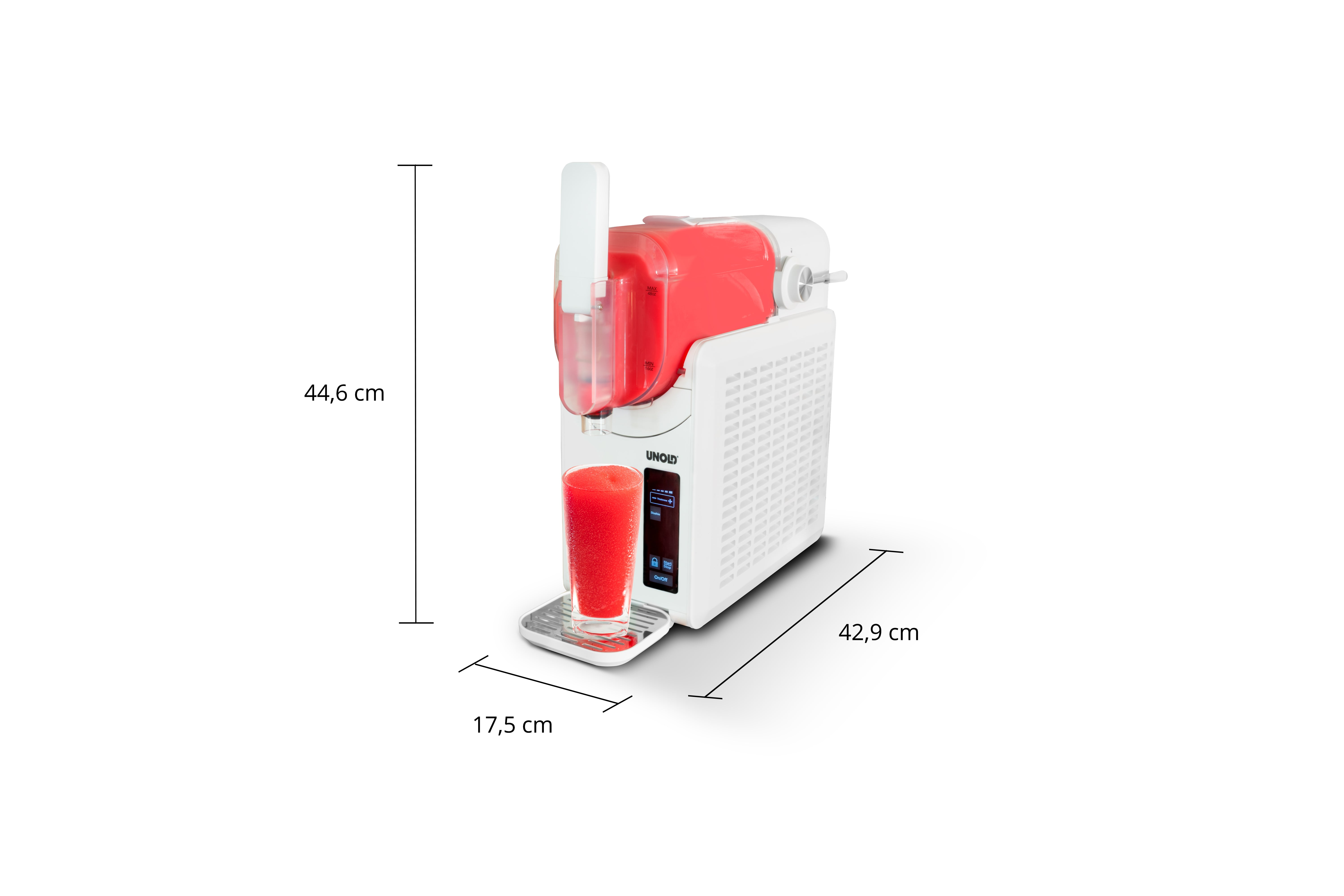 Czerwono-biała maszyna do robienia soku ze szklanką. Wymiary są podane.