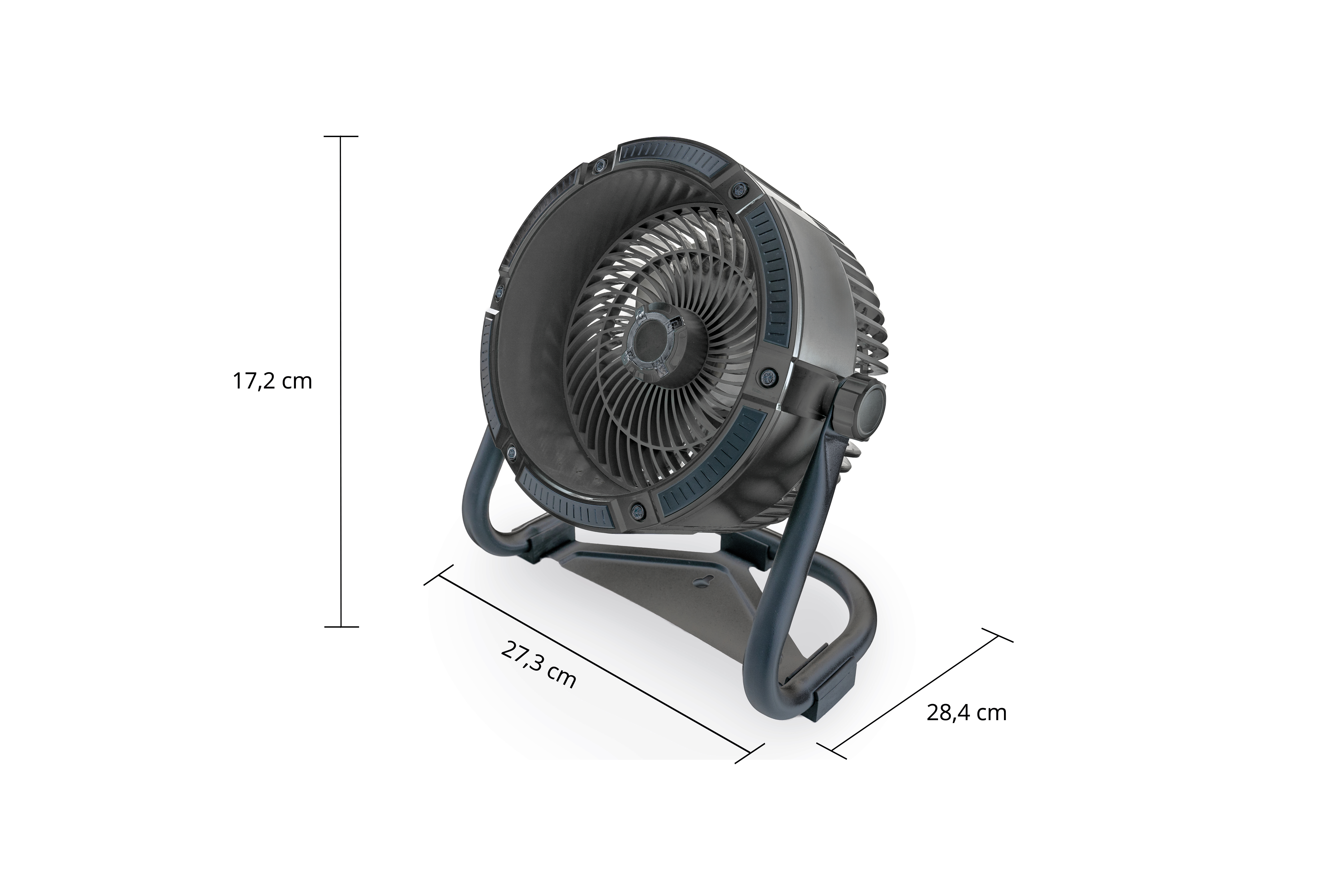 Schwarzer Ventilator mit beschrifteten Abmessungen. Der Ventilator befindet sich in einer dunklen Umgebung.