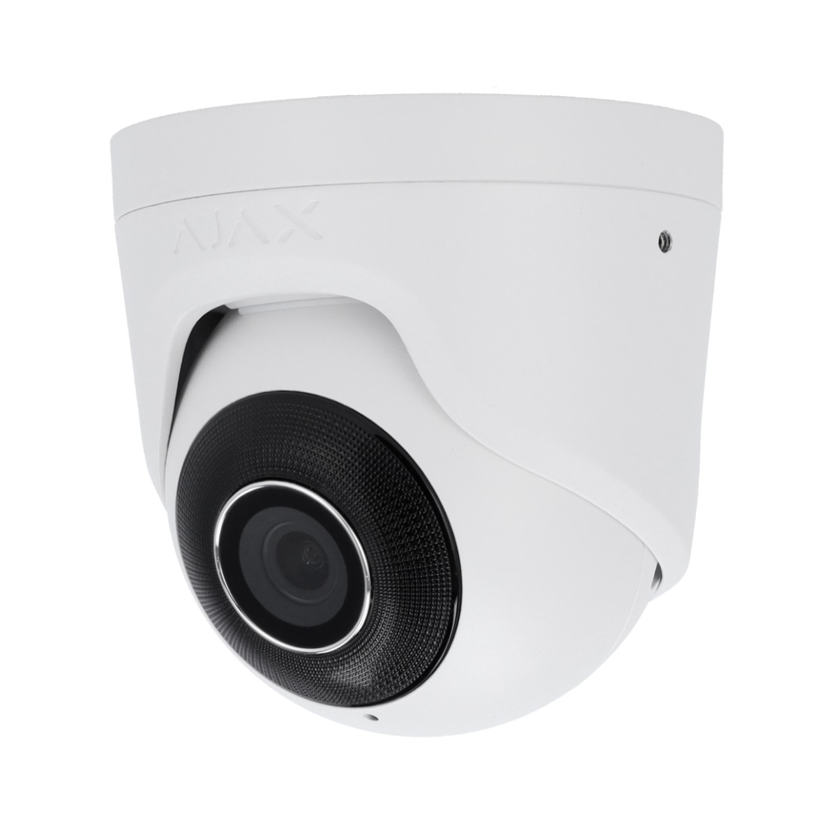 Telecamera di sicurezza a cupola bianca con marchio AJAX. Area della lente nera.