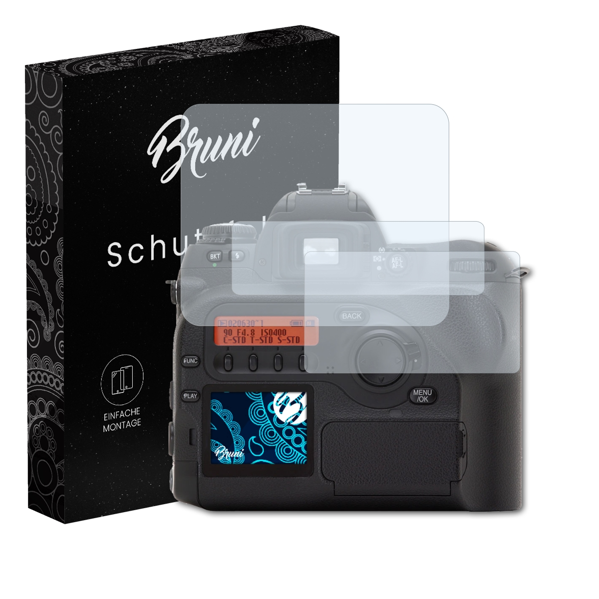 Eine Kamera mit Displayschutzfolie und eine Schachtel mit der Aufschrift 'Bruni' und 'schutzfolie'.