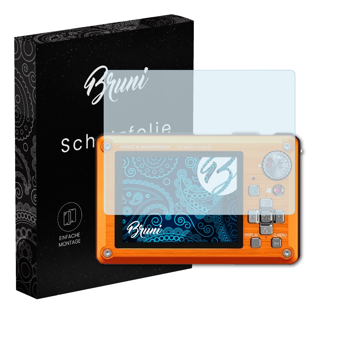 Orange Kamera mit Displayschutzfolie und schwarzer Box. Auf der Box steht 'Bruni' und 'Schutzfolie'.