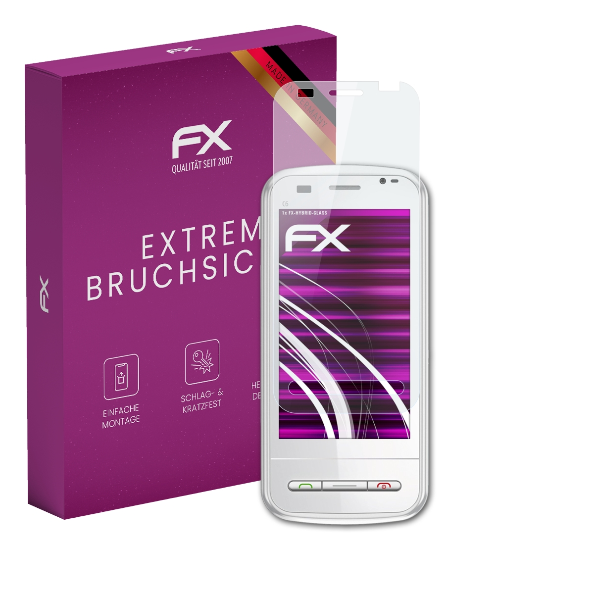 Telefon mit Displayschutz, lila Box mit Text und Logo.
