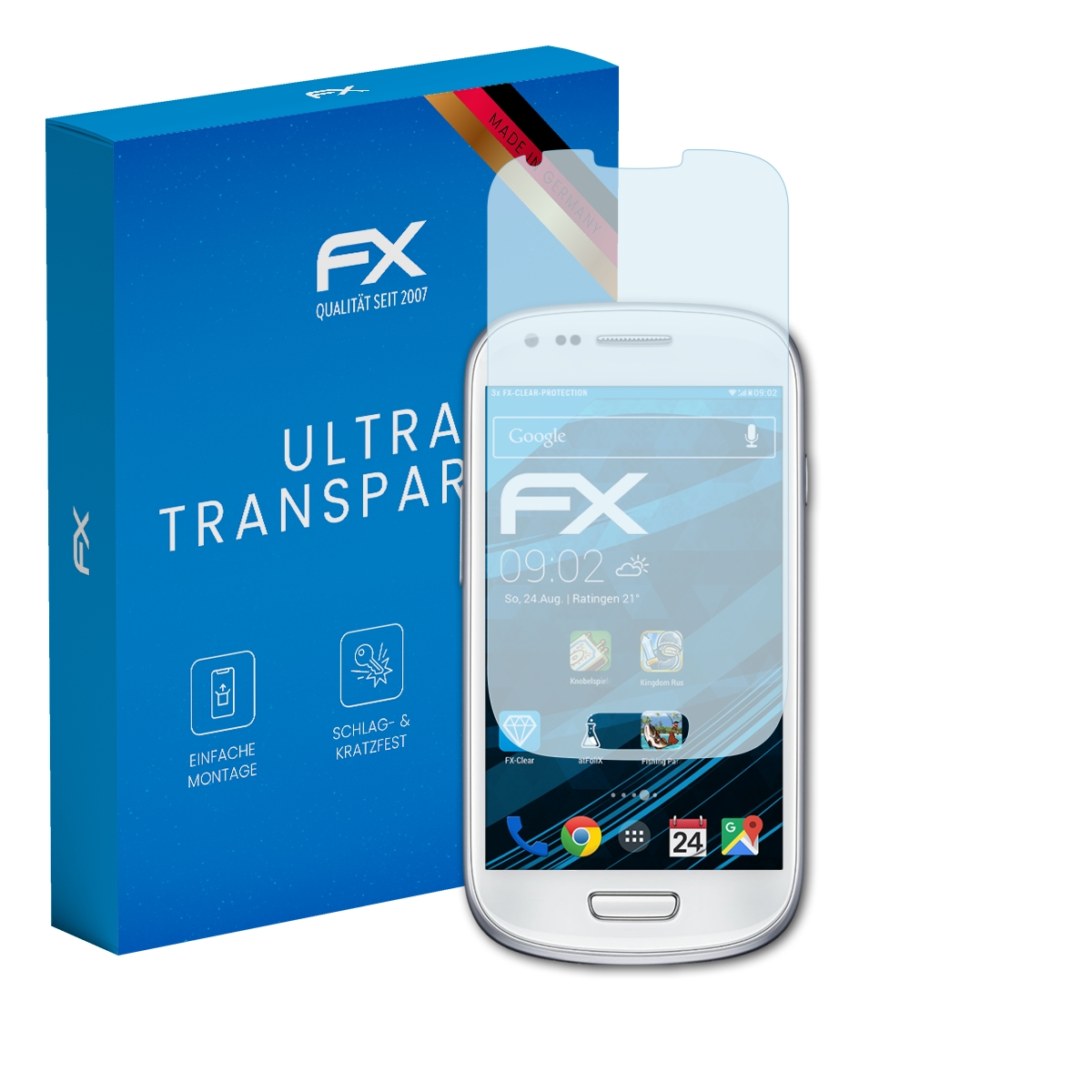 Weißes Smartphone mit Displayschutzfolie und eine blaue Box mit Text und Logo, Werbung für Displayschutzfolie.