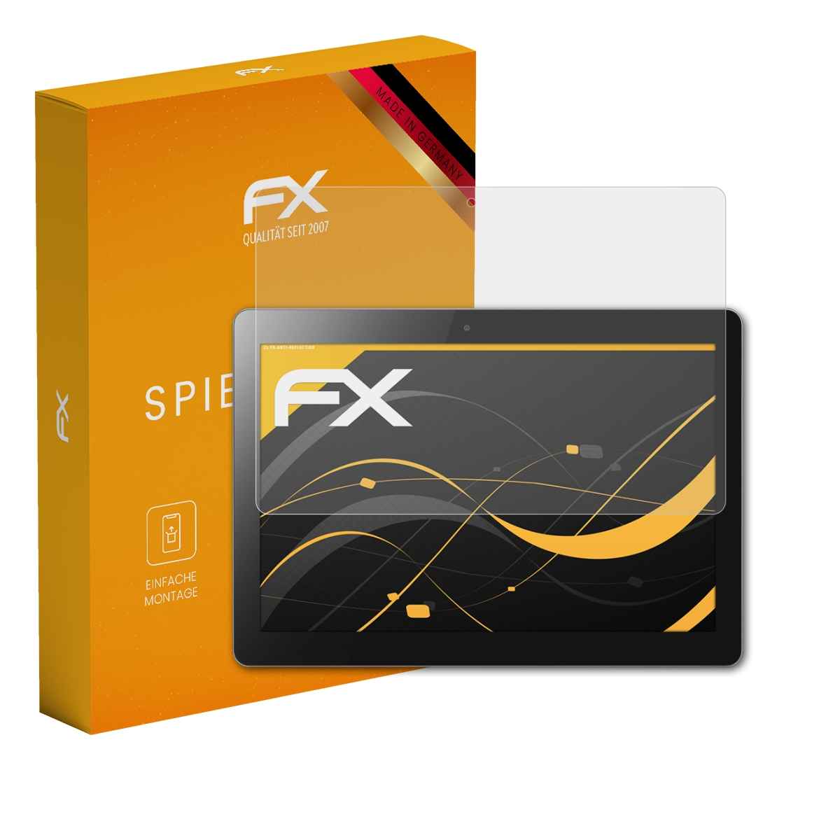 Tablet mit Displayschutzfolie und Verpackung. Die Box ist orange und der Schutz ist transparent.