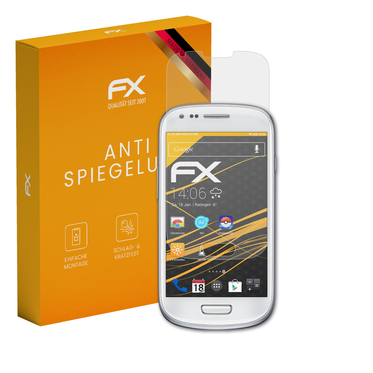 Eine Displayschutzfolienbox und ein Telefon mit Displayschutzfolie.