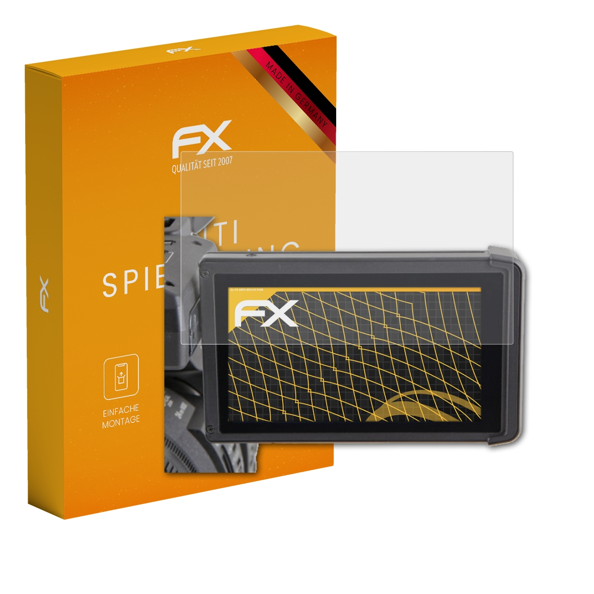 Tablet mit Displayschutz, orange Box mit weißem Text und Logos.