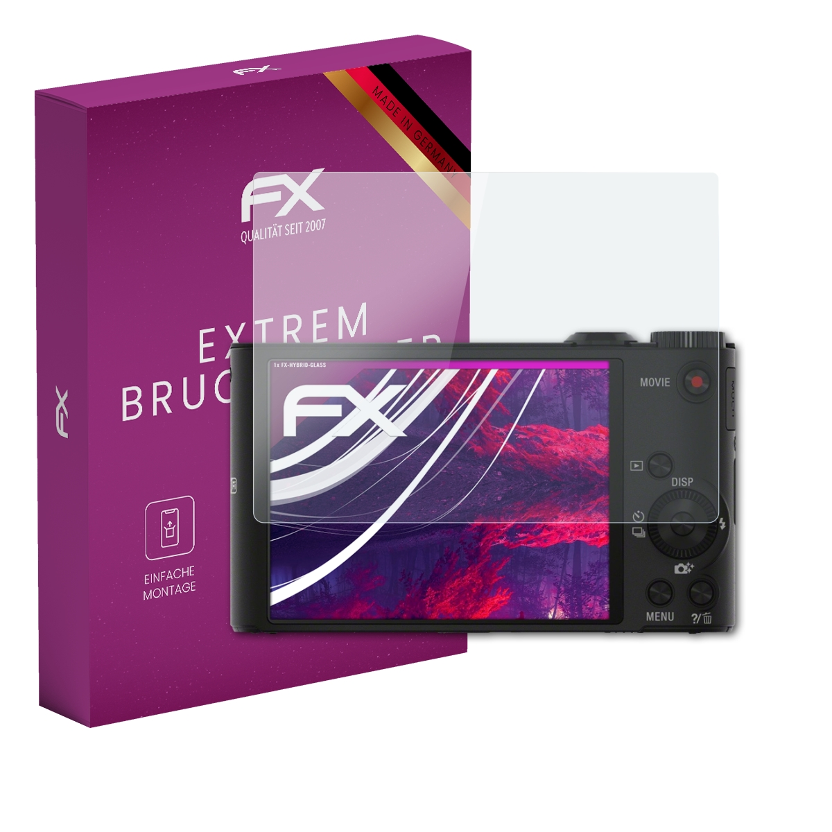 Eine Kamera, eine Displayschutzfolie und eine lila Box mit deutschem Text. Die Folie bedeckt den Kamerabildschirm.