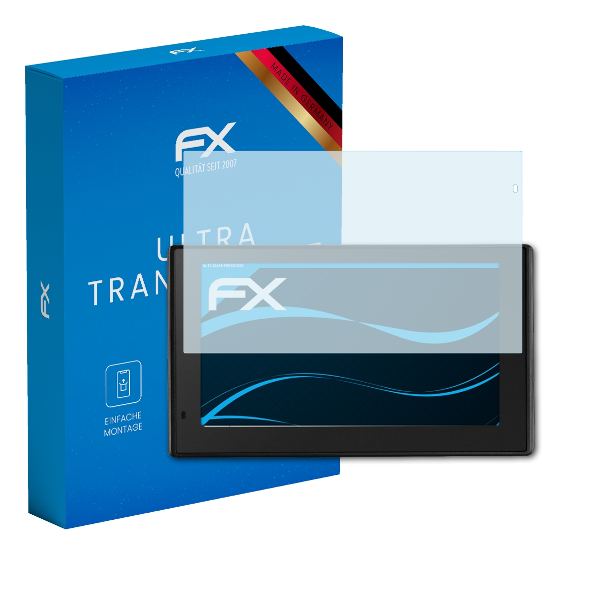 Blaue Box, Tablet und Displayschutz. Tablet zeigt hellblauen Farbverlauf. Box sagt FX und Ultra Transparent.
