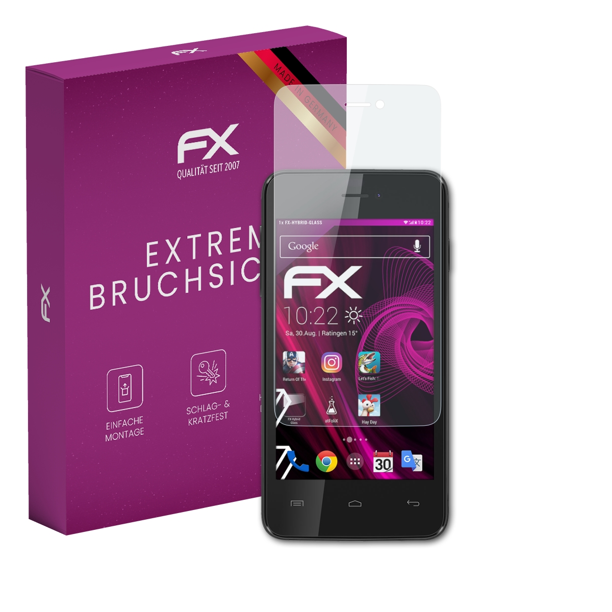 Smartphone mit Displayschutzfolie. Box links, Telefon mit Schutz rechts.