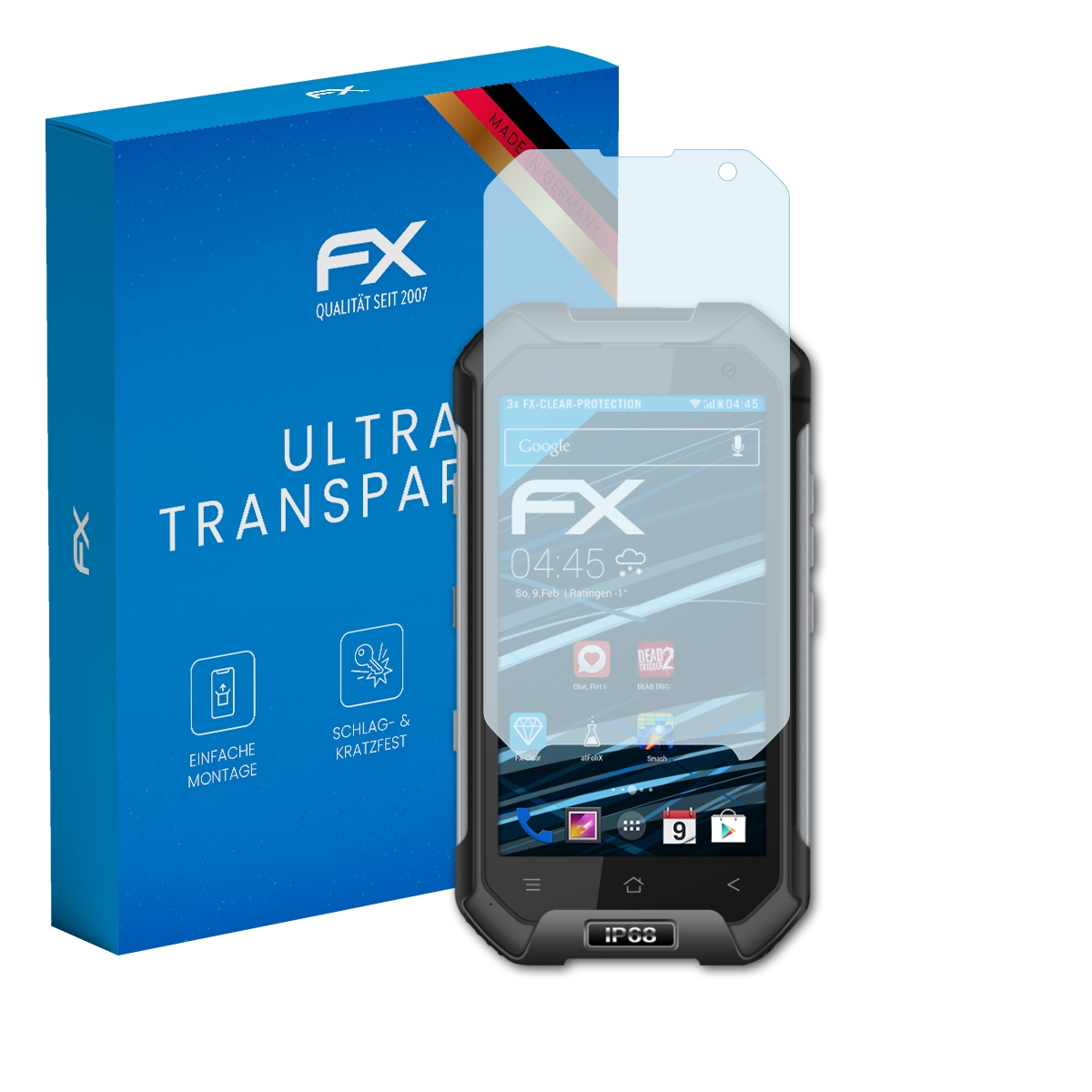 Robustes Telefon mit Displayschutzfolie neben einer blauen Schachtel mit der Aufschrift 'FX'. Das Telefon zeigt die Google-App.
