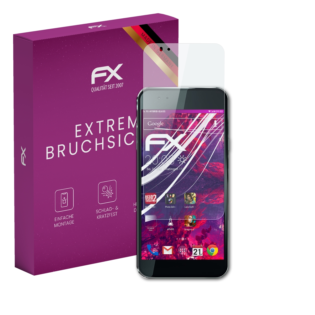 Telefon mit Displayschutzfolie neben einer lila Box. Auf der Box steht Extrem Bruchsicher.