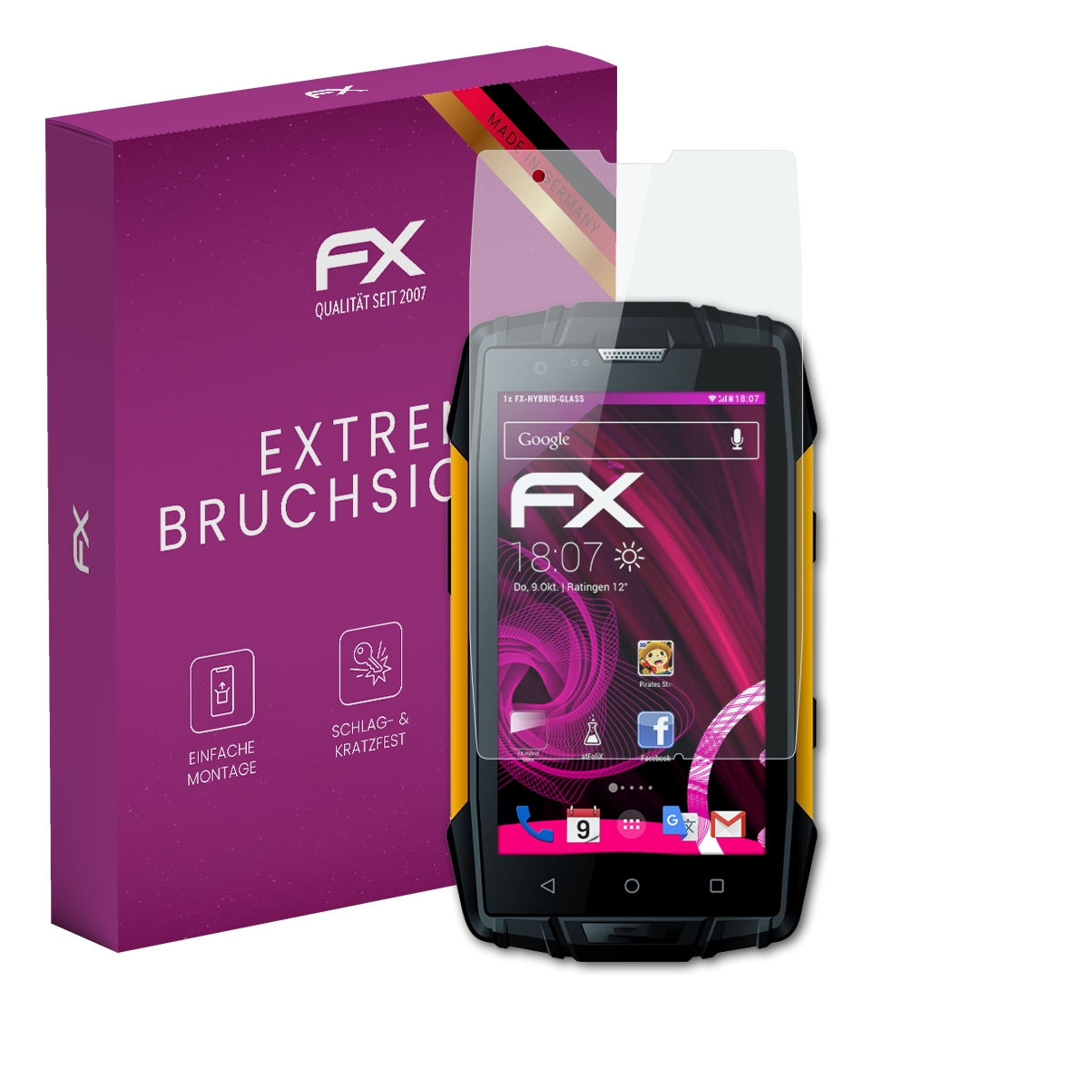 Telefon mit Displayschutzfolie neben einer Box. Box sagt 'Extrem Bruchsi' und 'Made in Germany'.