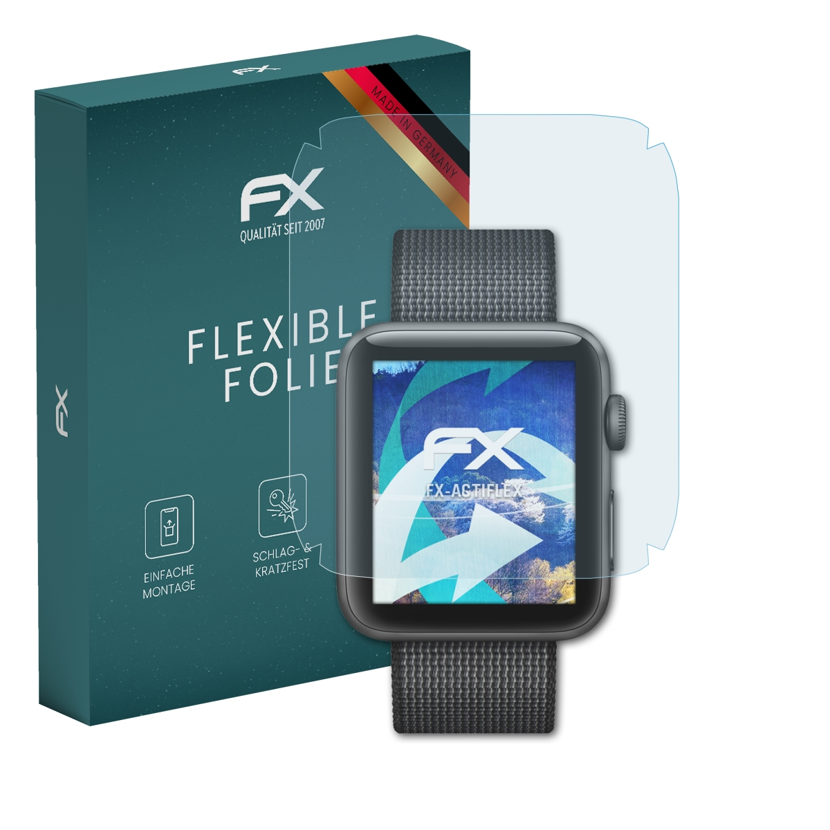 Eine Smartwatch mit Displayschutzfolie neben einer blaugrünen Schachtel, die Displayschutz bewirbt.