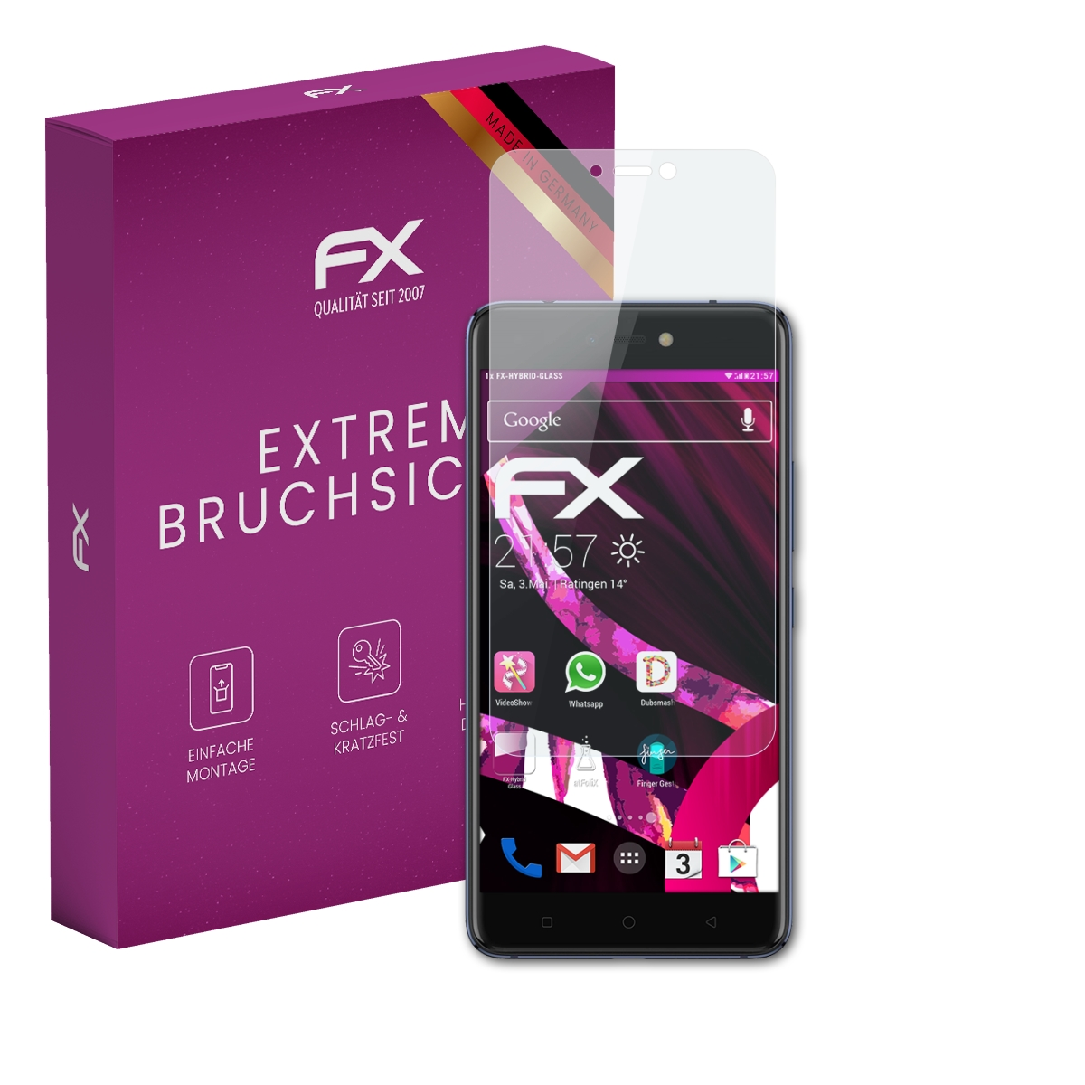 Displayschutzfolie neben einer Box. Das Telefon zeigt eine Benutzeroberfläche.
