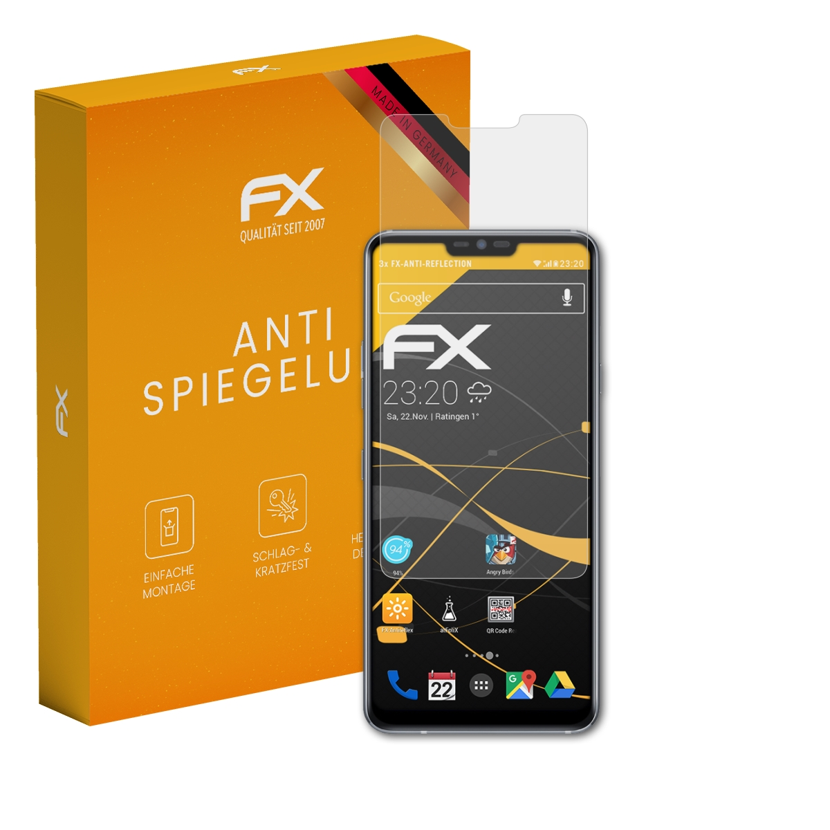 Telefon-Displayschutzbox und Telefon. Orange Box mit FX-Logo und deutschem Text. Klarer Schutz auf dem Telefon.