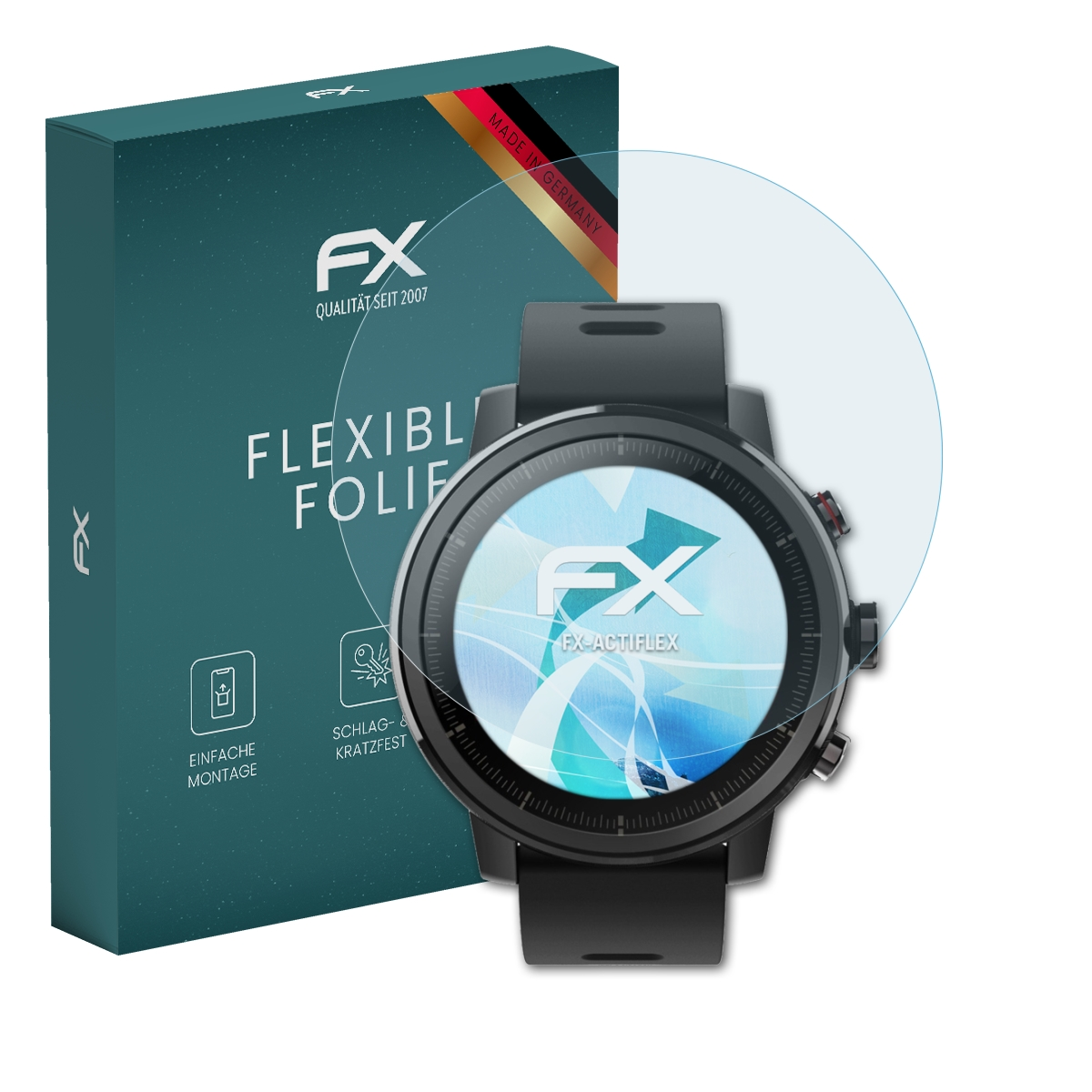 Eine Smartwatch mit Displayschutz und eine Schachtel mit dem FX-Logo sind abgebildet.