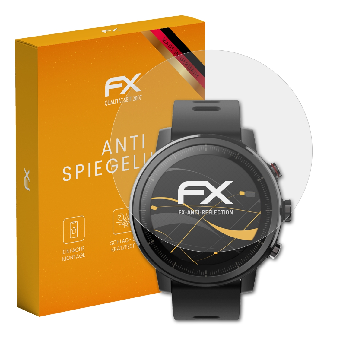 Smartwatch mit Displayschutzfolie und Box, beide mit FX-Logo.