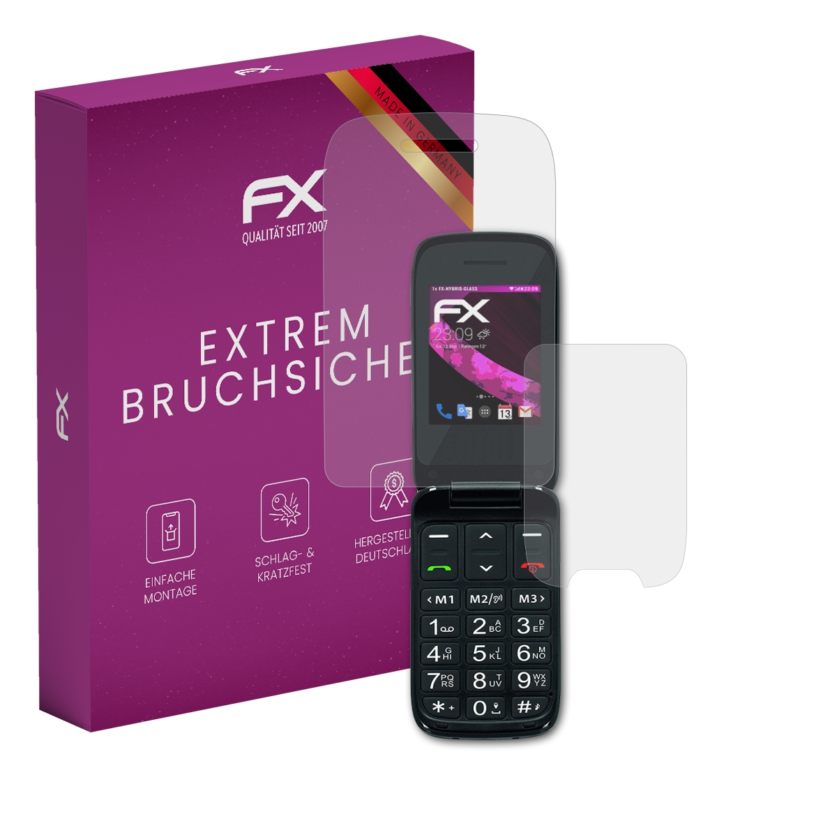 Klapphandy mit Displayschutz und einer Box. Die Box ist lila und hat das FX-Logo.