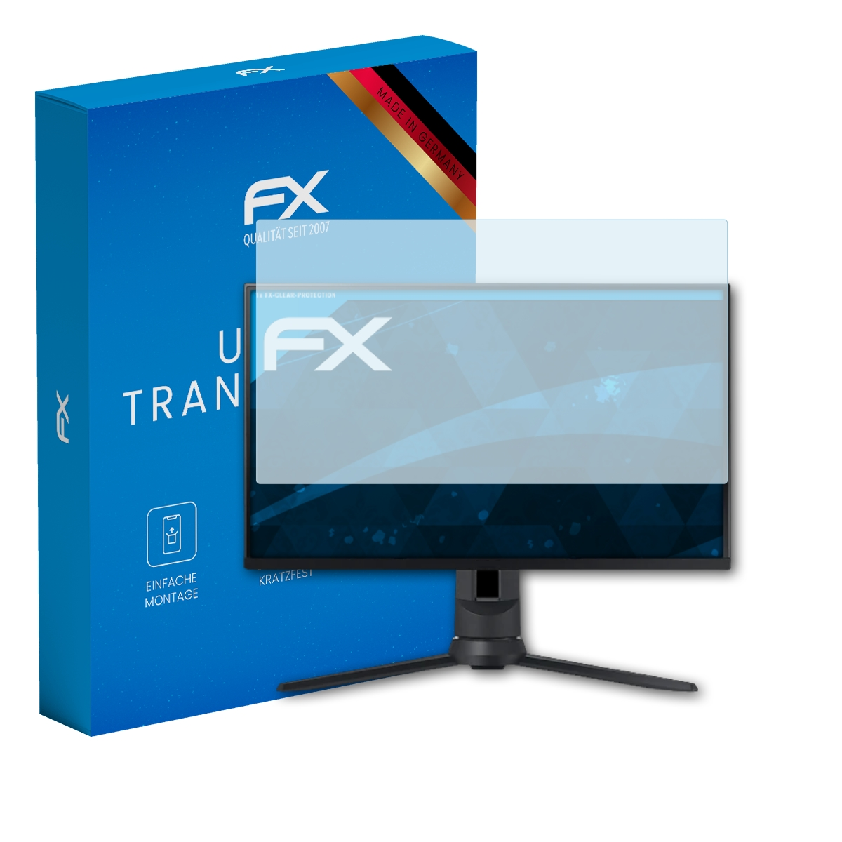 Ein Computermonitor mit Displayschutzfolie befindet sich neben einer blauen Box mit weißem Text und Symbolen.