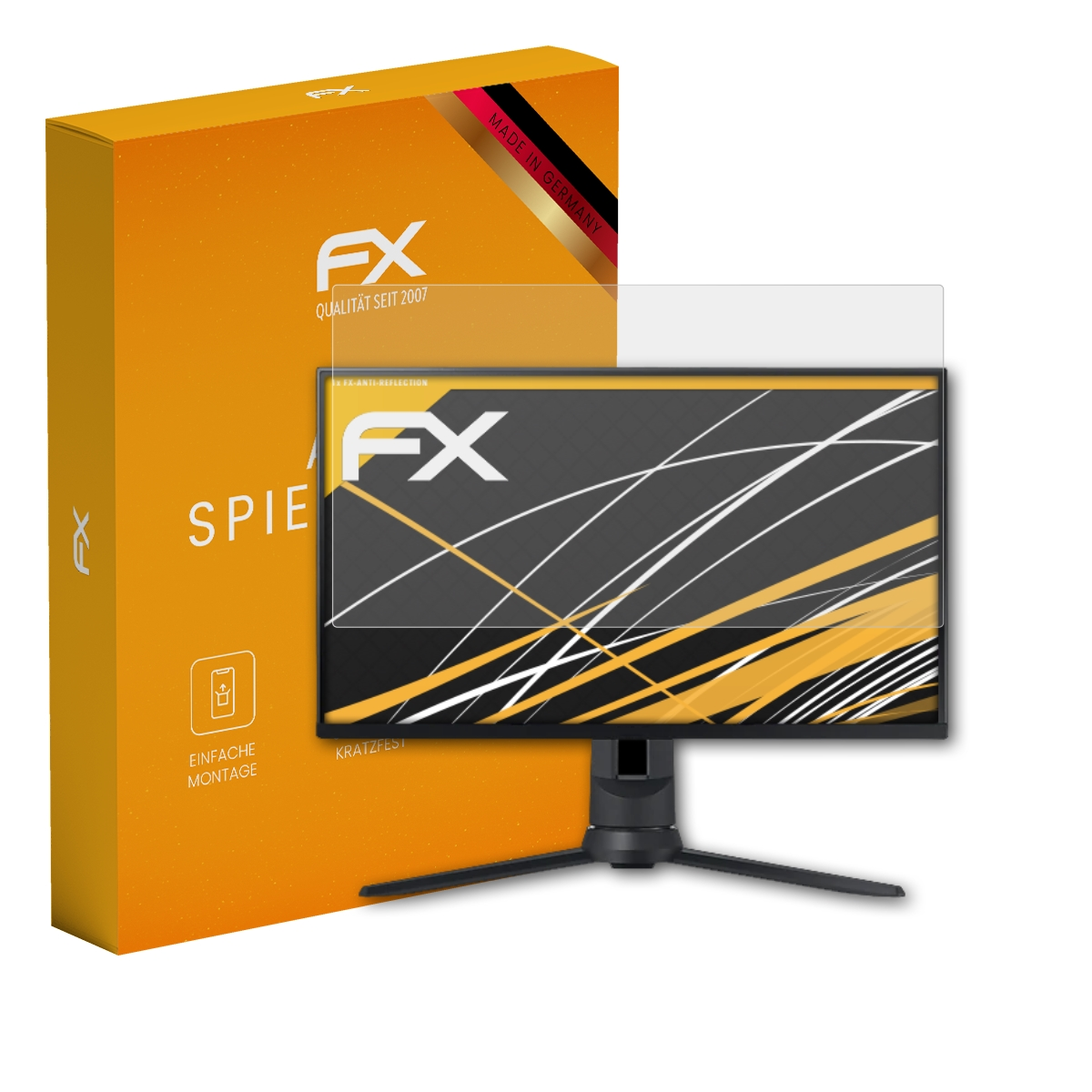 Orangefarbene Box und ein Monitor mit Displayschutz. Die Box trägt FX, Made in Germany.