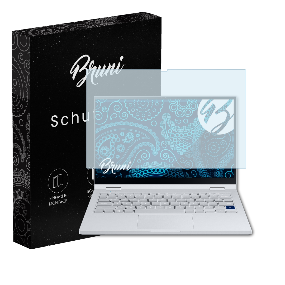 Laptop mit Displayschutz und eine Box mit dem Wort Bruni und Schutzfolie.