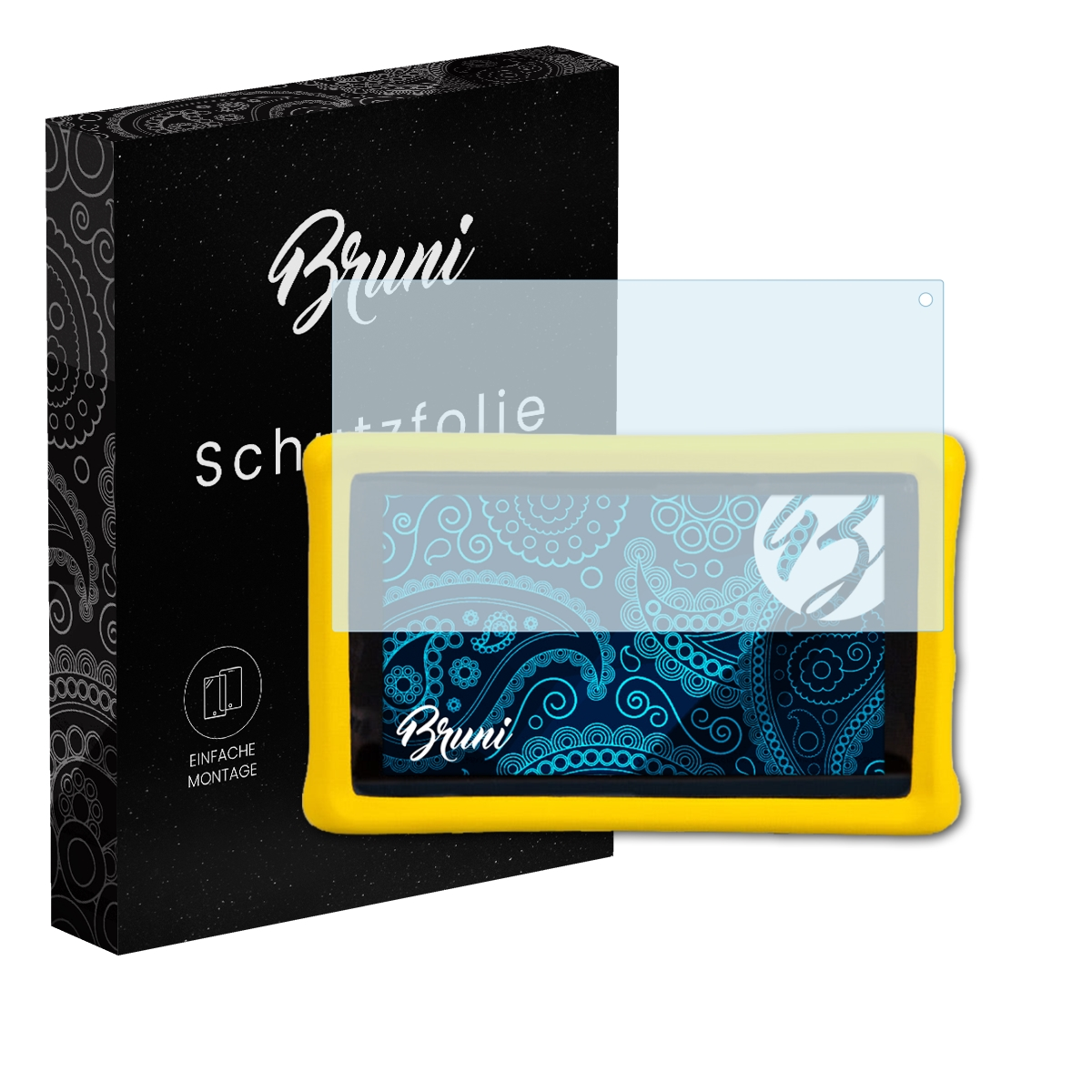 Tablet mit Displayschutz und Box. Das Tablet ist schwarz und gelb. Die Box ist schwarz.