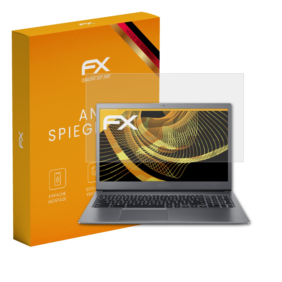 Eine orangefarbene Box und ein Laptop mit Displayschutz. Der Bildschirm zeigt ein goldenes Wellendesign.