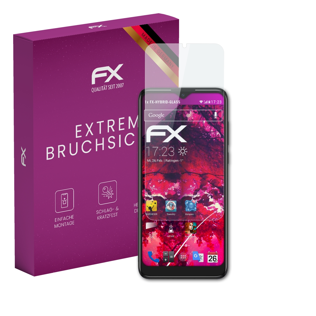 Ein Displayschutz für ein Telefon neben einer lila Box. Das Telefon zeigt Zeit und Apps.