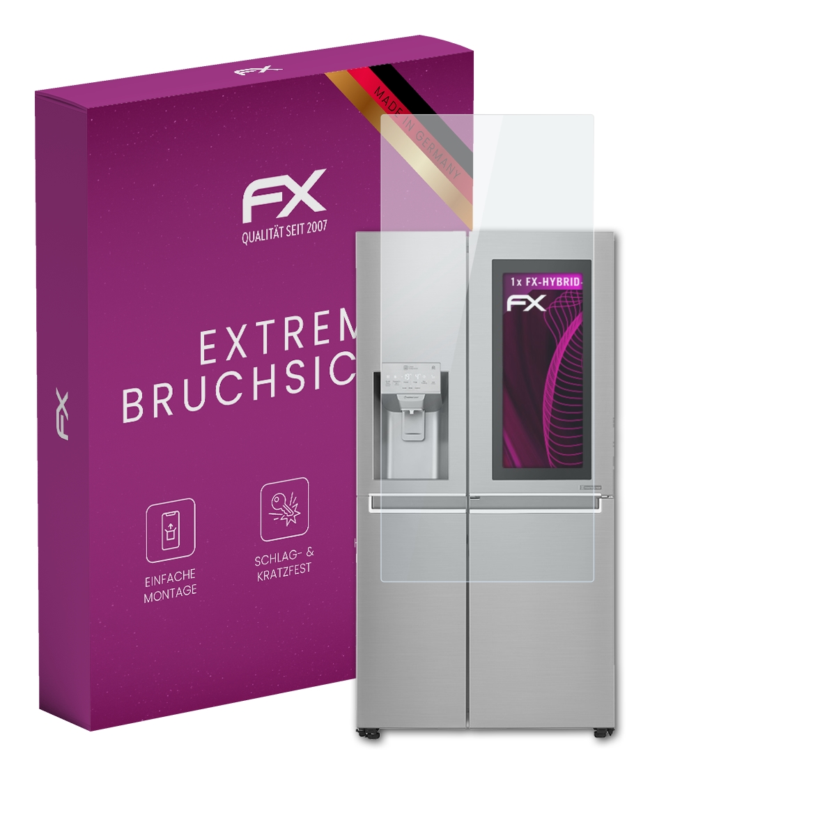 Lila Schachtel mit Displayschutzfolie und Kühlschrank. Text: Extrem Bruchsic, FX. Made in Germany. Kühlschrank hat Bildschirm.