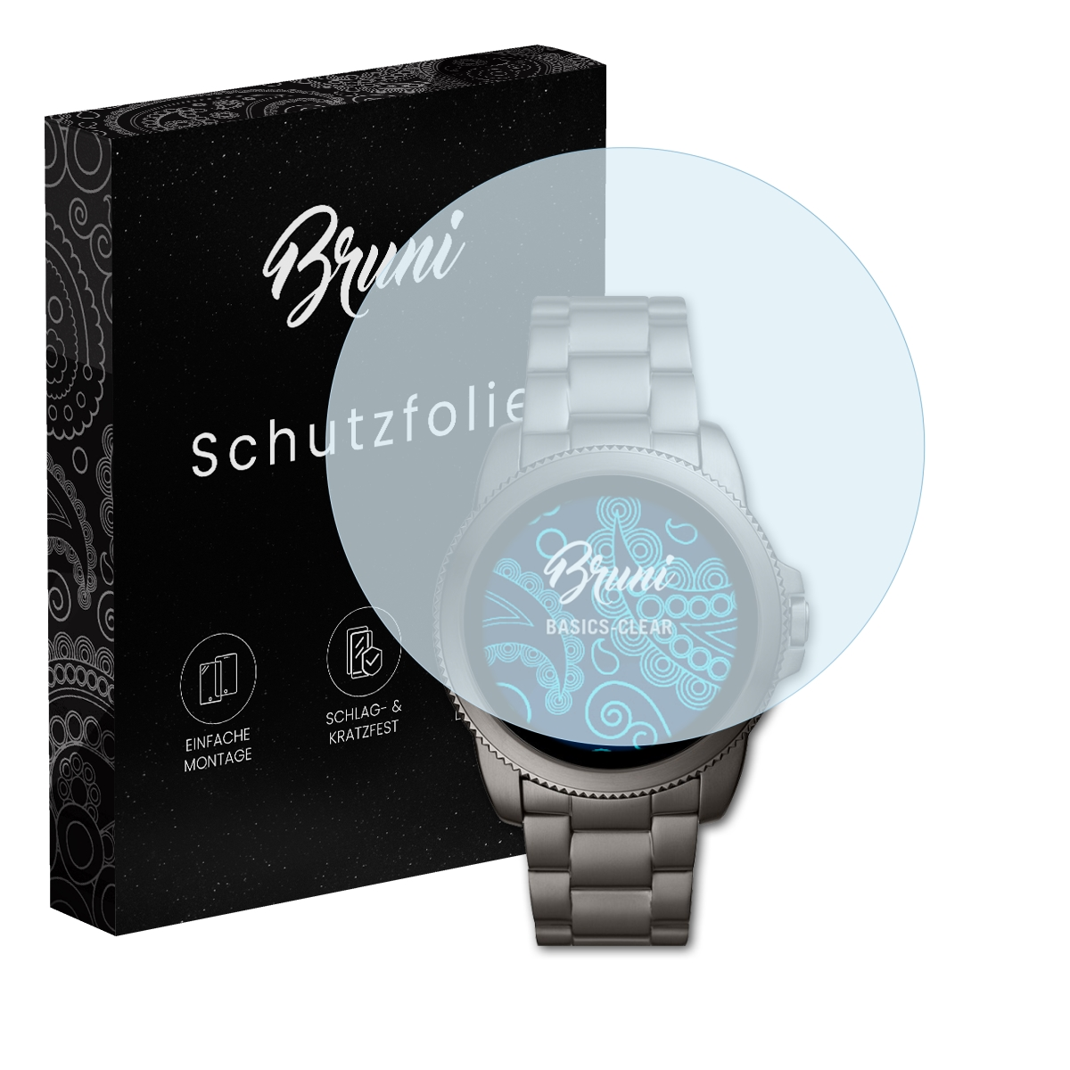 Eine Smartwatch mit Displayschutzfolie. Box links. Marke Bruni.
