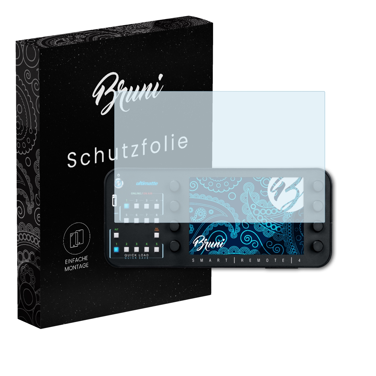 Eine Fernbedienung mit Displayschutzfolie neben einer schwarzen Box mit weißem Text und Logos.