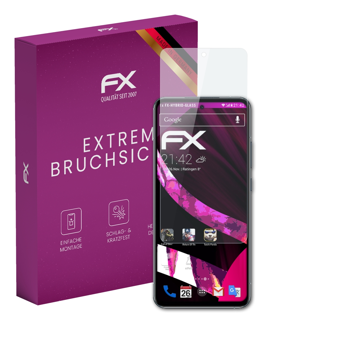 Eine violette Schachtel mit einem Telefon, einer Displayschutzfolie und einem Telefonbildschirm. Text auf der Schachtel lautet 'EXTREM BRUCHSIC'.