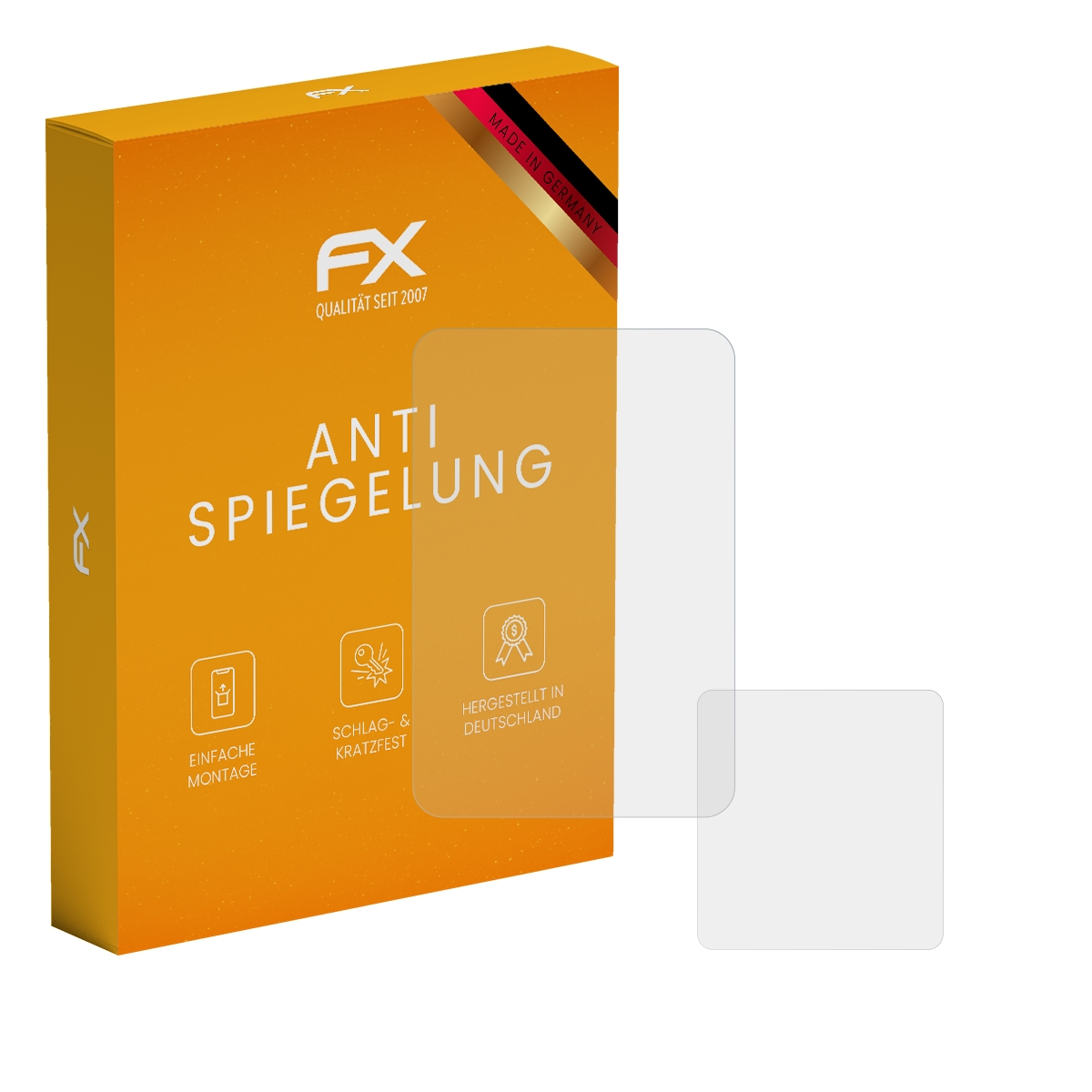Eine orangefarbene Schachtel mit zwei Displayschutzfolien. Text auf der Schachtel lautet 'ANTI SPIEGELUNG'.