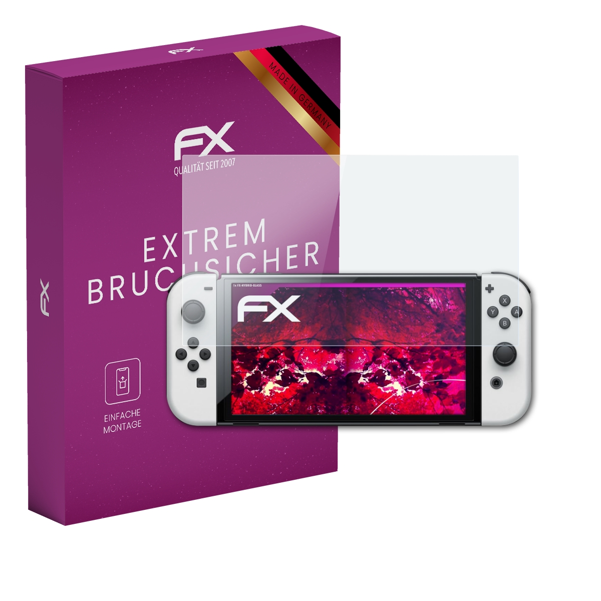 Nintendo Switch Konsole mit Displayschutz und einer lila Box.