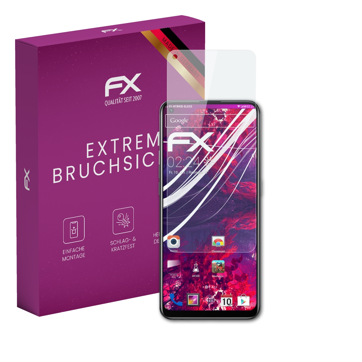 Ein Smartphone mit Schutzfolie, neben einer lila Box mit weißem Text.