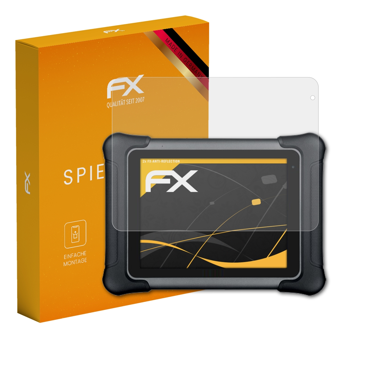 Ein Tablet in einem Gehäuse mit Displayschutzfolie und eine gelbe Box mit „FX“-Logo.
