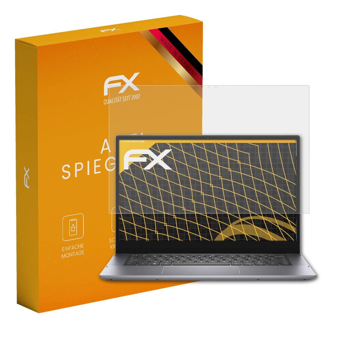 Eine Laptop-Displayschutzbox und ein Laptop. Orangefarbene Box mit weißem Text und sichtbarem Laptop-Bildschirm.