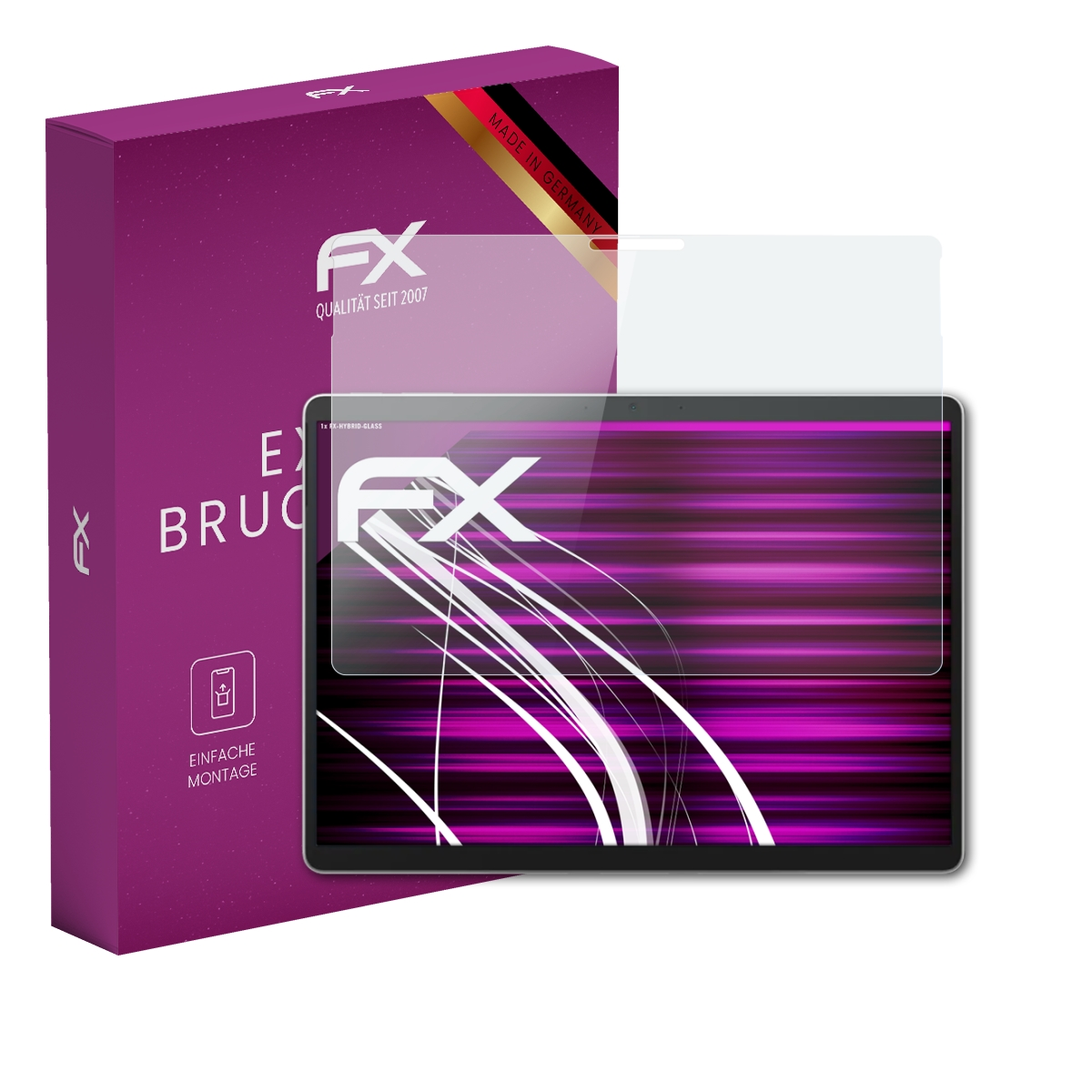 Tablet mit Displayschutz und Box, Marke FX. Rosa Hintergrund.