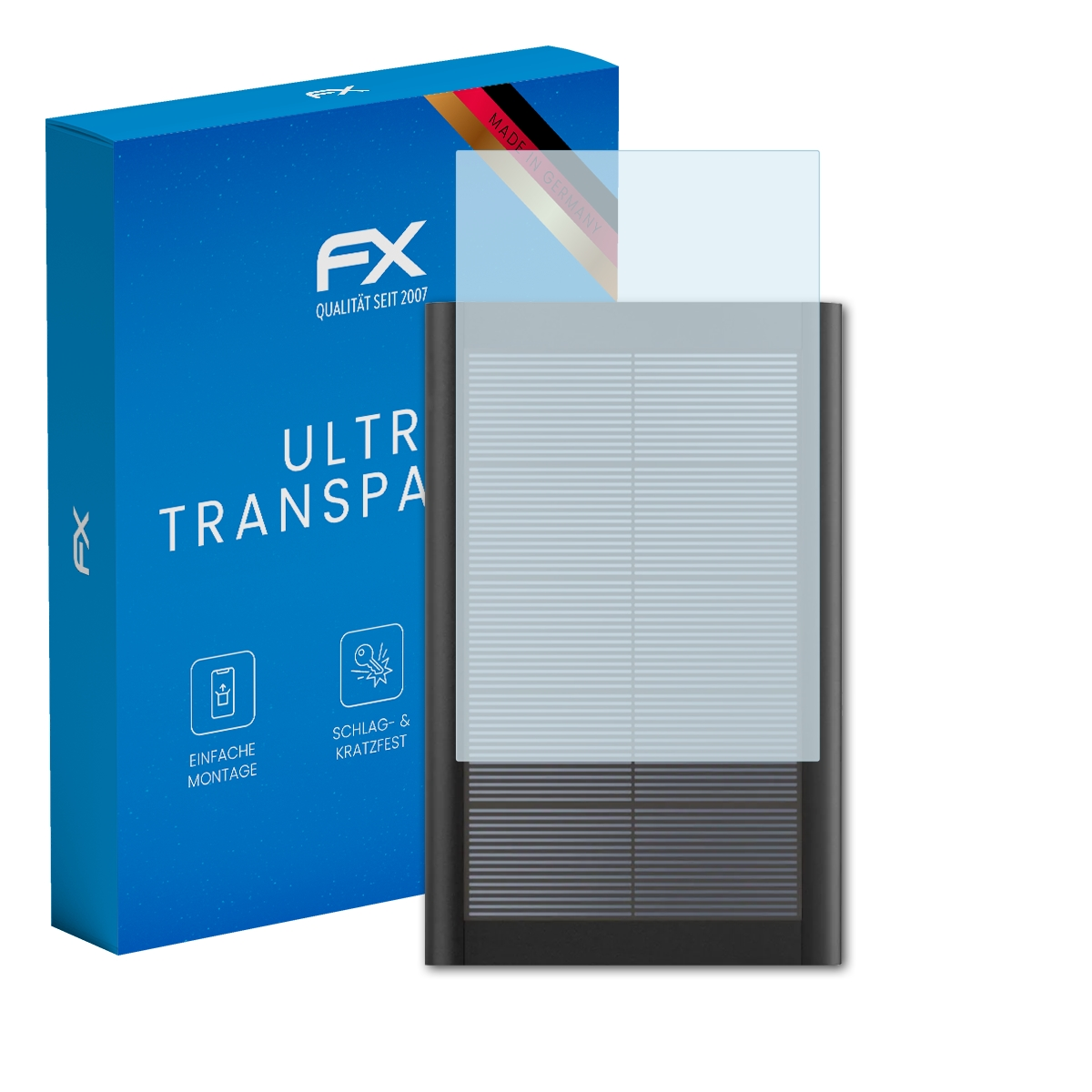 Blaue Schachtel mit Displayschutzfolie und Gerät. Die Schachtel hat Text und eine deutsche Flagge. Der Schutz ist transparent.