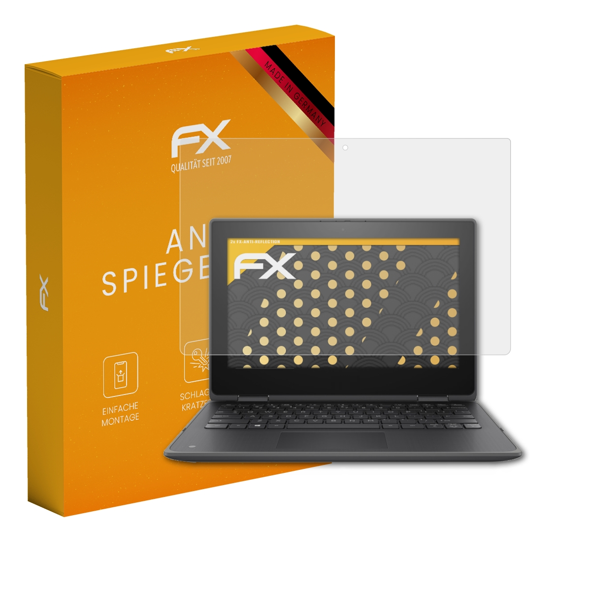 Laptop mit Displayschutz, Box mit deutschem Text: 'ANTI SPIEGEL'.