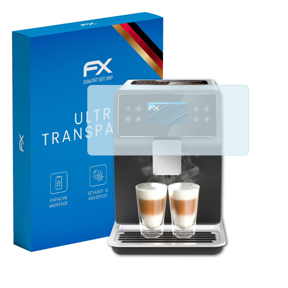 Kaffeemaschine mit Displayschutz, blaue Box mit 'FX'-Logo, Displayschutz auf dem Display der Maschine.