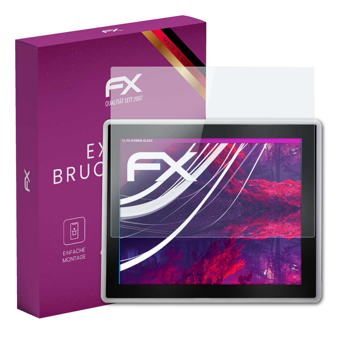 Ein Tablet mit Displayschutzfolie und einer lila Box. Deutscher Text ist sichtbar.