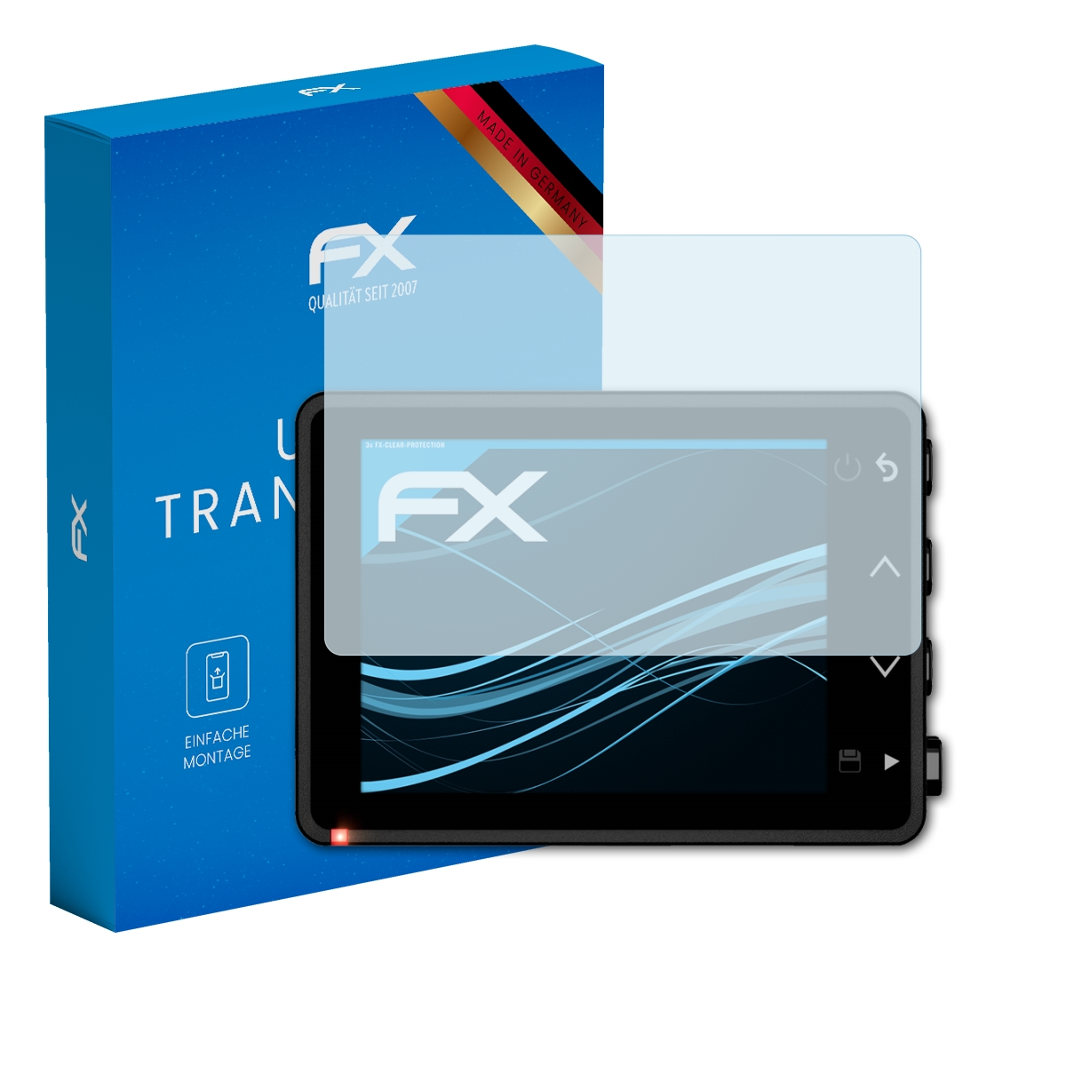Ein Navigationsgerät mit Displayschutzfolie, eine blaue Box mit der Aufschrift 'Ultra Transparent'.
