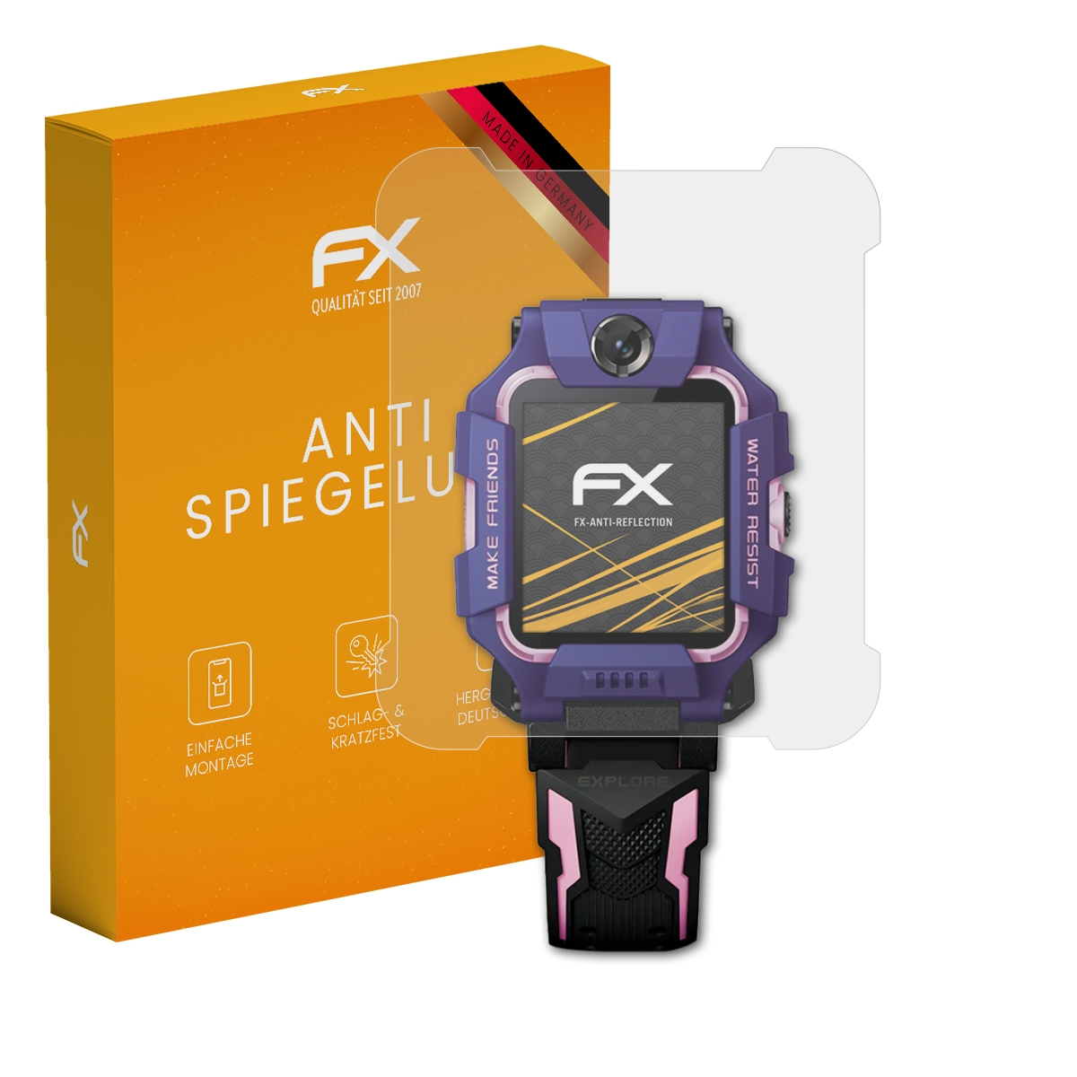 Smartwatch mit Displayschutz. Box mit Anti-Glare, FX-Label.