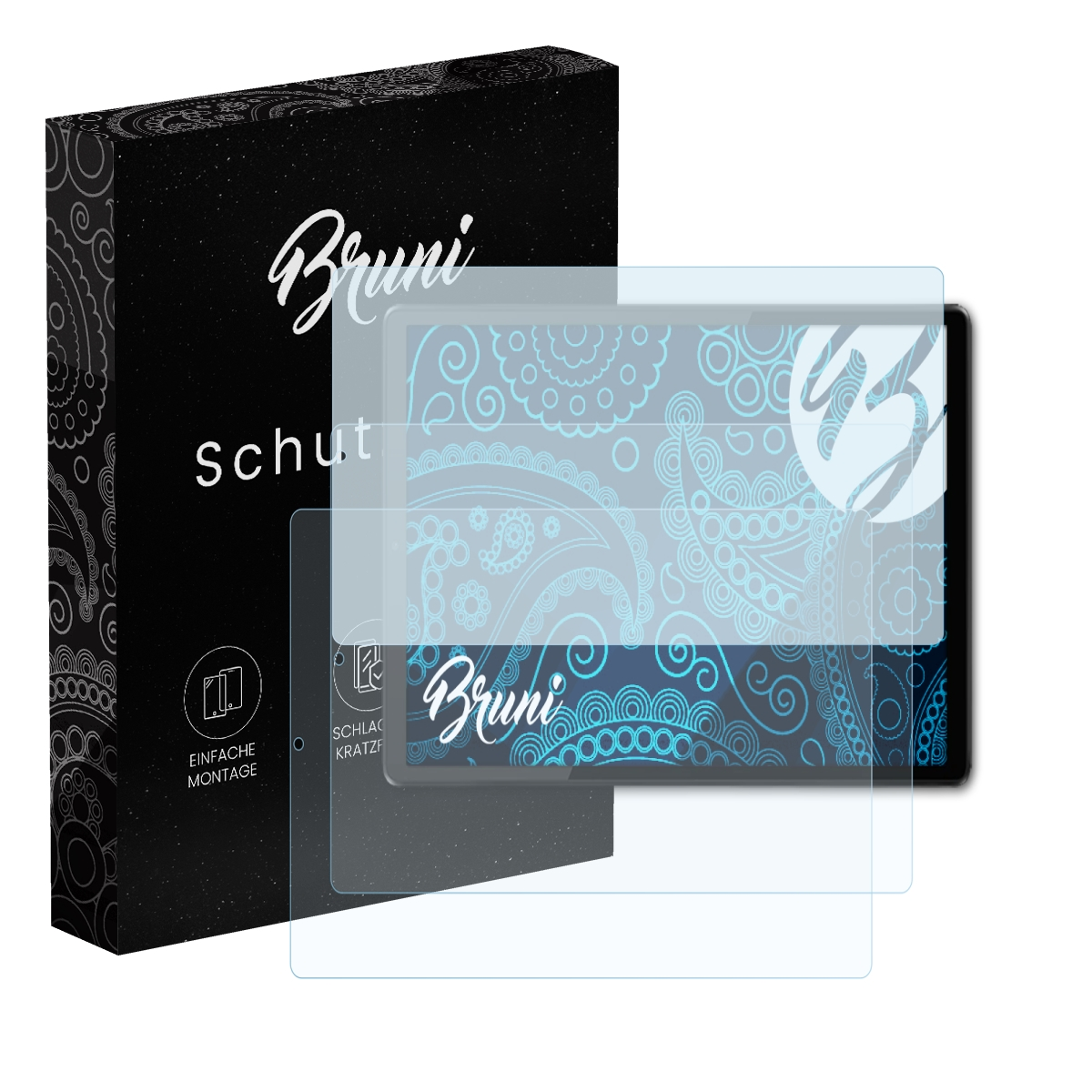 Displayschutzfolien und Box auf Weiß. Text: Bruni, Schutz und Symbole. Zwei Schutzfolien.