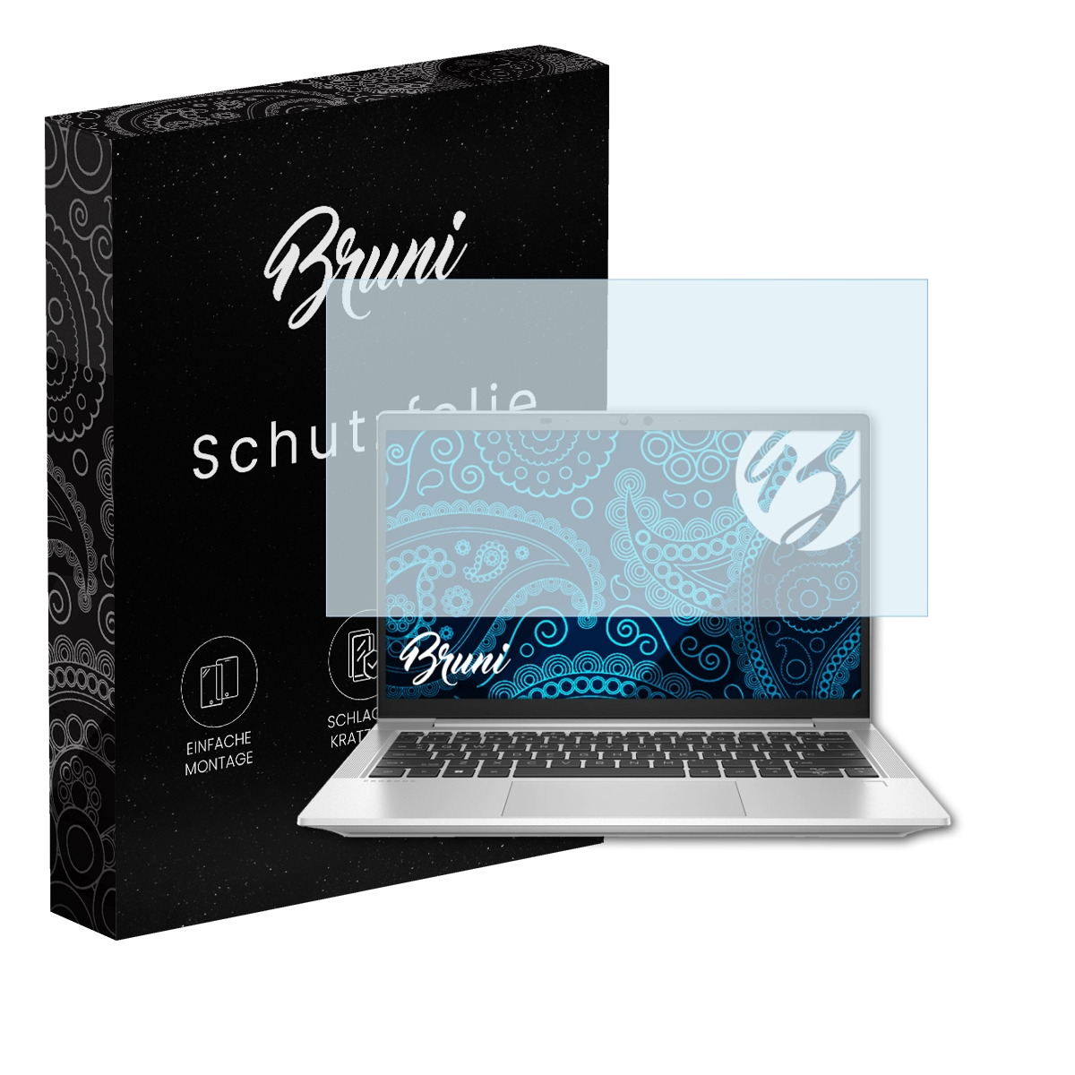 Laptop mit Displayschutzfolie und Box auf Weiß. Text: Bruni, Schutzfolie und Symbole.