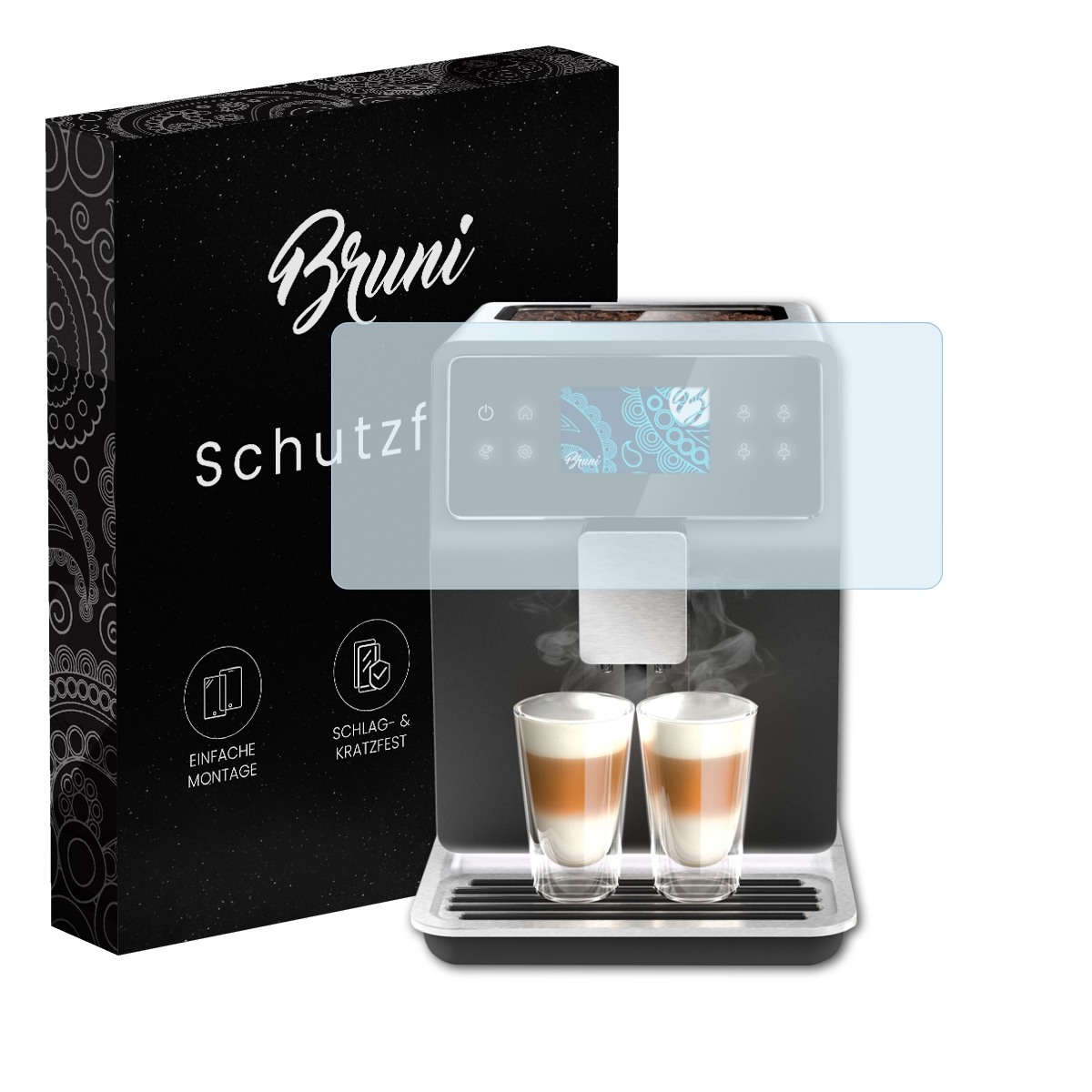 Espressomaschine mit Displayschutz, zwei Kaffeegläsern und schwarzer Box mit Text und Symbolen.