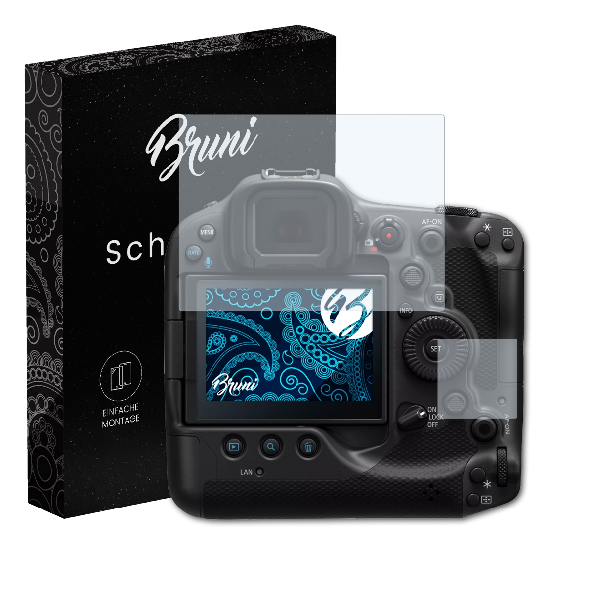 Kamera mit Displayschutzfolie; schwarz. Schwarze Box mit Text und Logo.