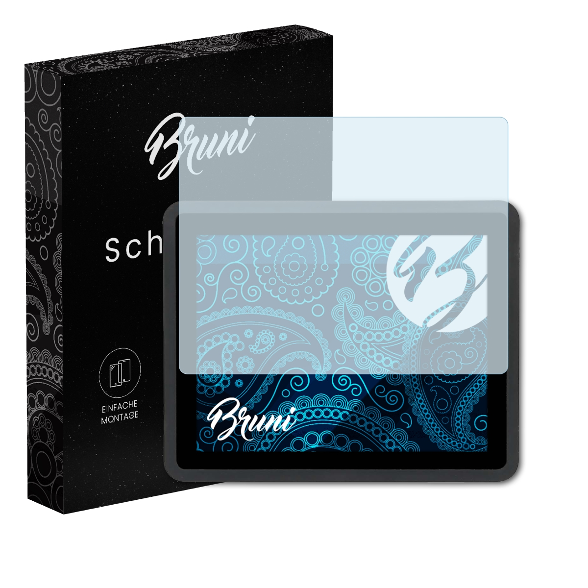 Schwarzes Gerät mit Displayschutzfolie. Schwarze Box mit Text und Logo.