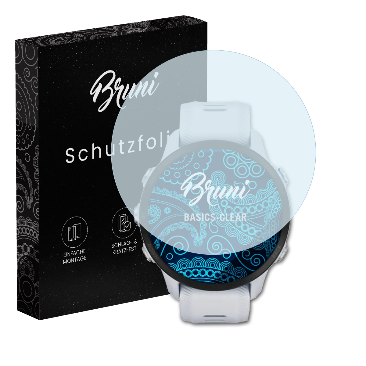 Eine Smartwatch mit Displayschutzfolie, eine Box 'Bruni Basics Clear'.
